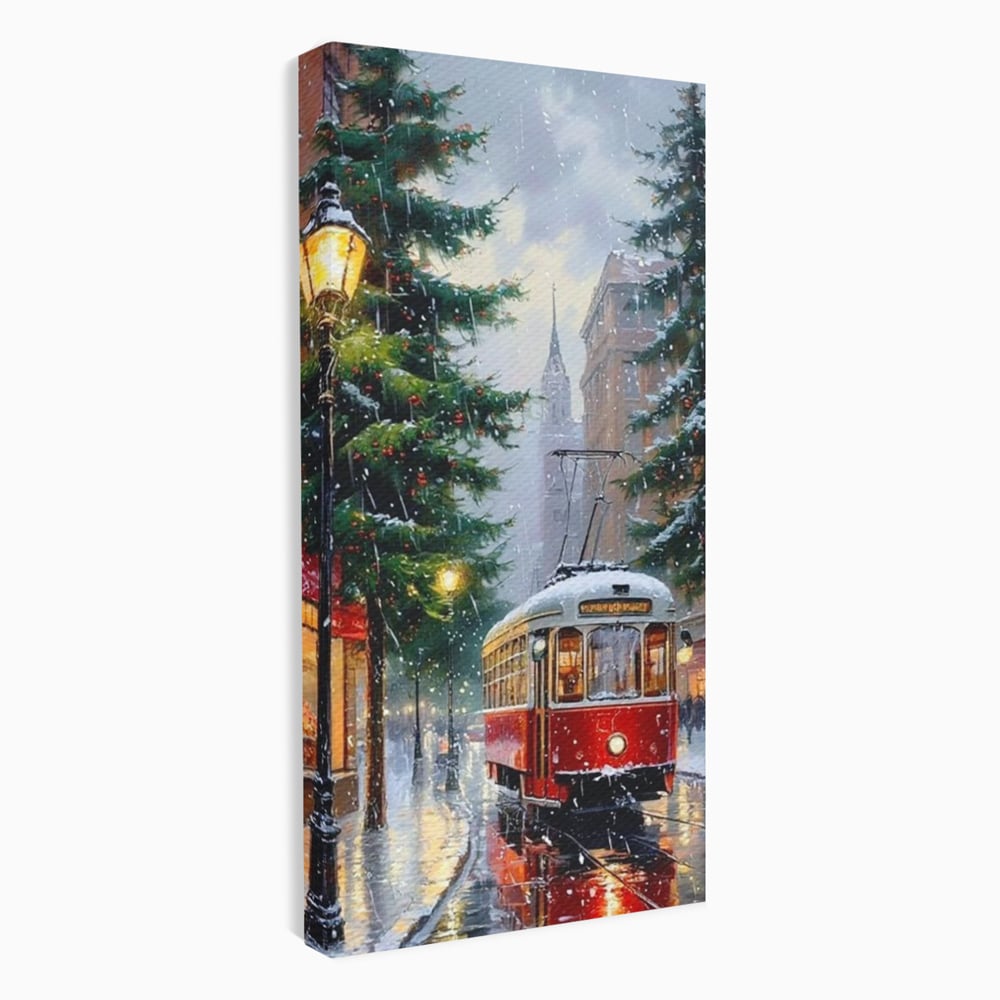 Tablou canvas cu pictura cu tramvai rosu in ninsoare, fara rama, pe sasiu de lemn